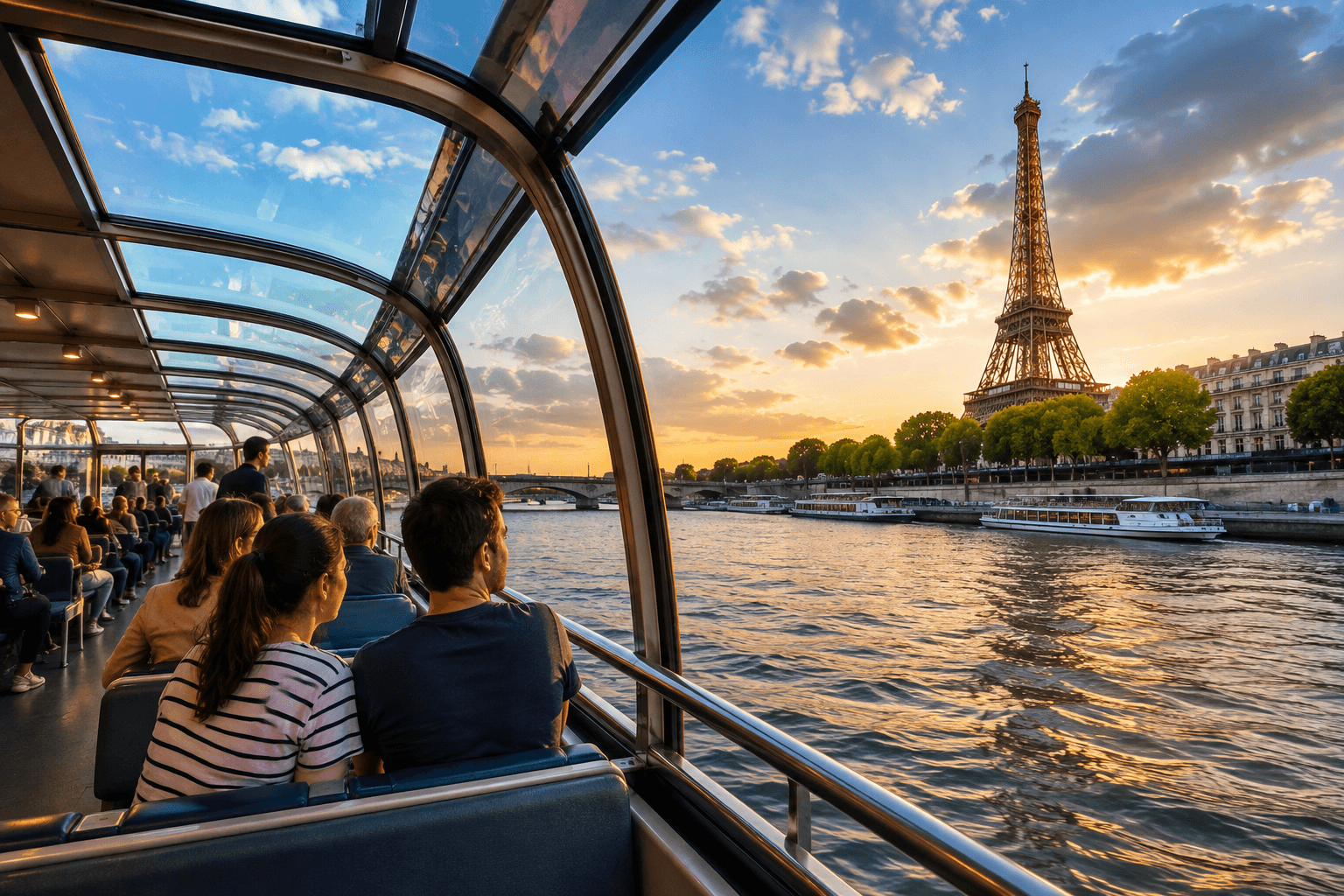 Passengers enjoying a Seine River sightseeing cruise in Paris with panoramic views of the Eiffel Tower at sunset.