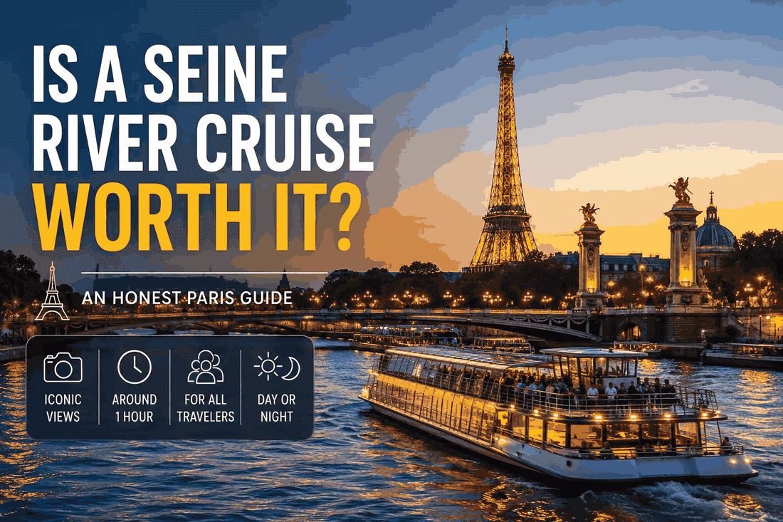 Seine River cruise in Paris at sunset with the Eiffel Tower and illuminated sightseeing boat on the Seine.