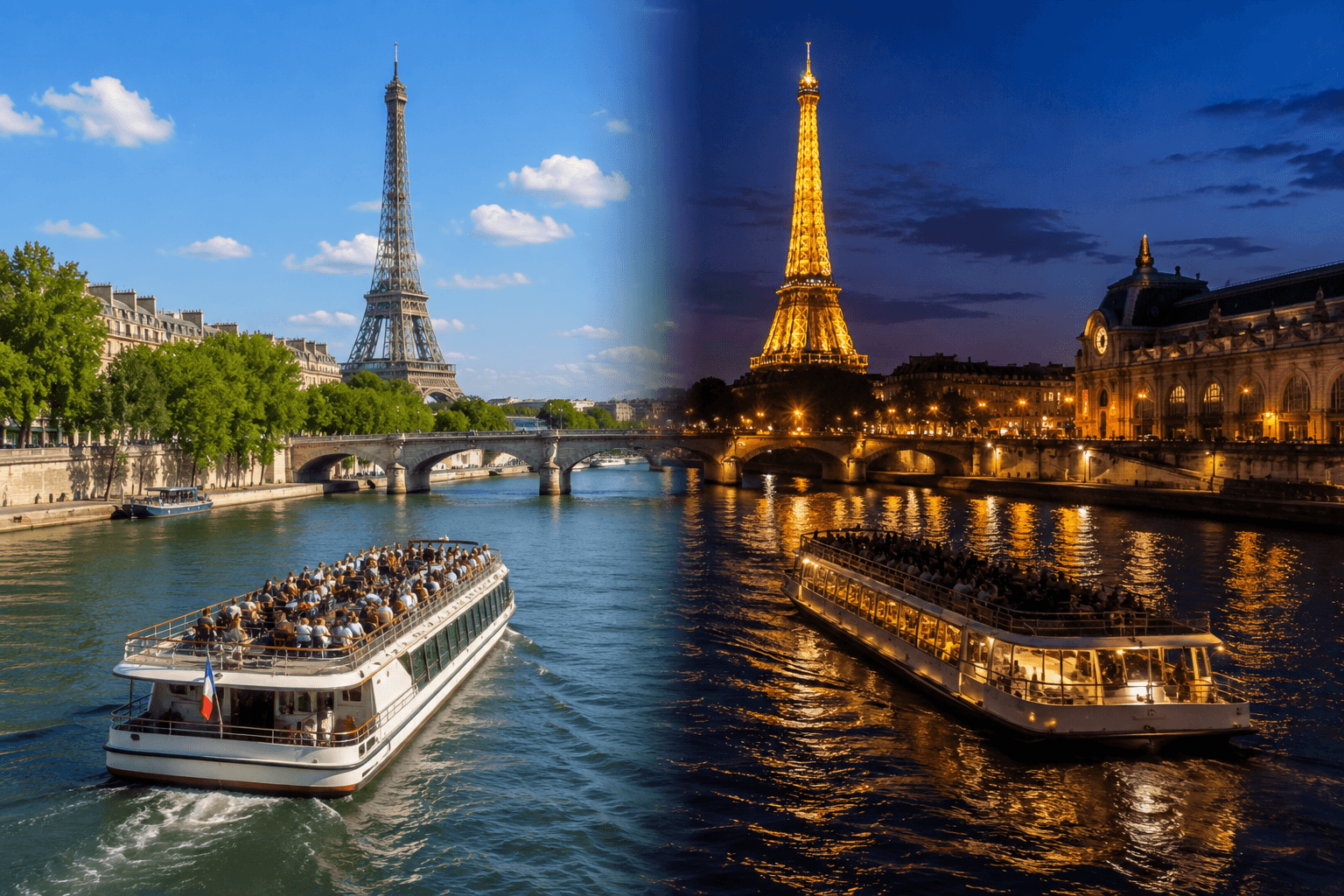 Seine River cruise in Paris during the day and at night with sightseeing boats and the Eiffel Tower illuminated along the river.
