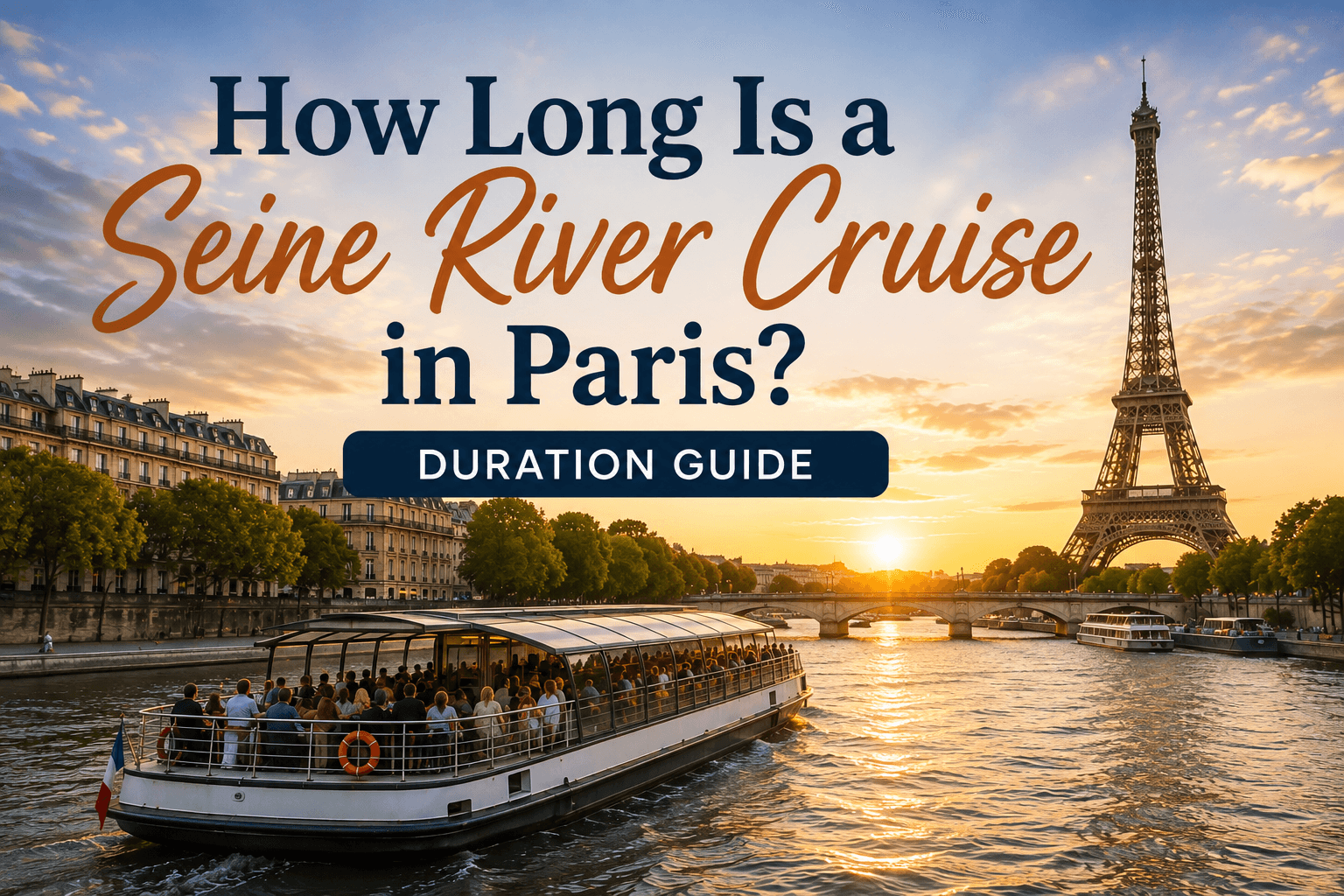 Seine River sightseeing cruise in Paris with the Eiffel Tower at sunset, illustrating a guide to Seine cruise duration.