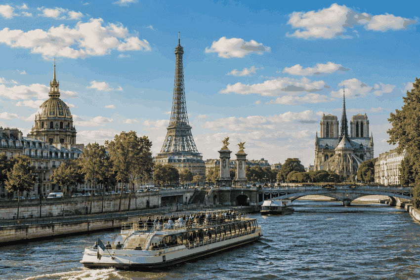 Seine River sightseeing cruise in Paris with views of the Eiffel Tower and historic landmarks along the river.