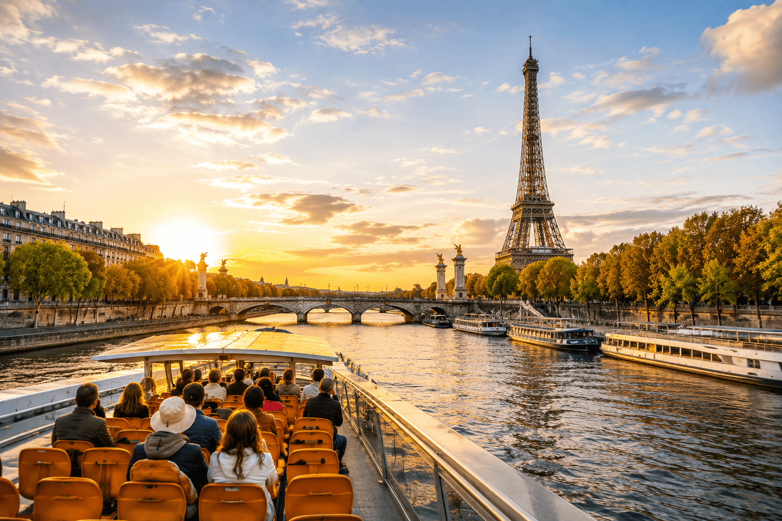 Seine River sightseeing cruise in Paris at sunset with passengers on board and views of the Eiffel Tower and Paris landmarks.