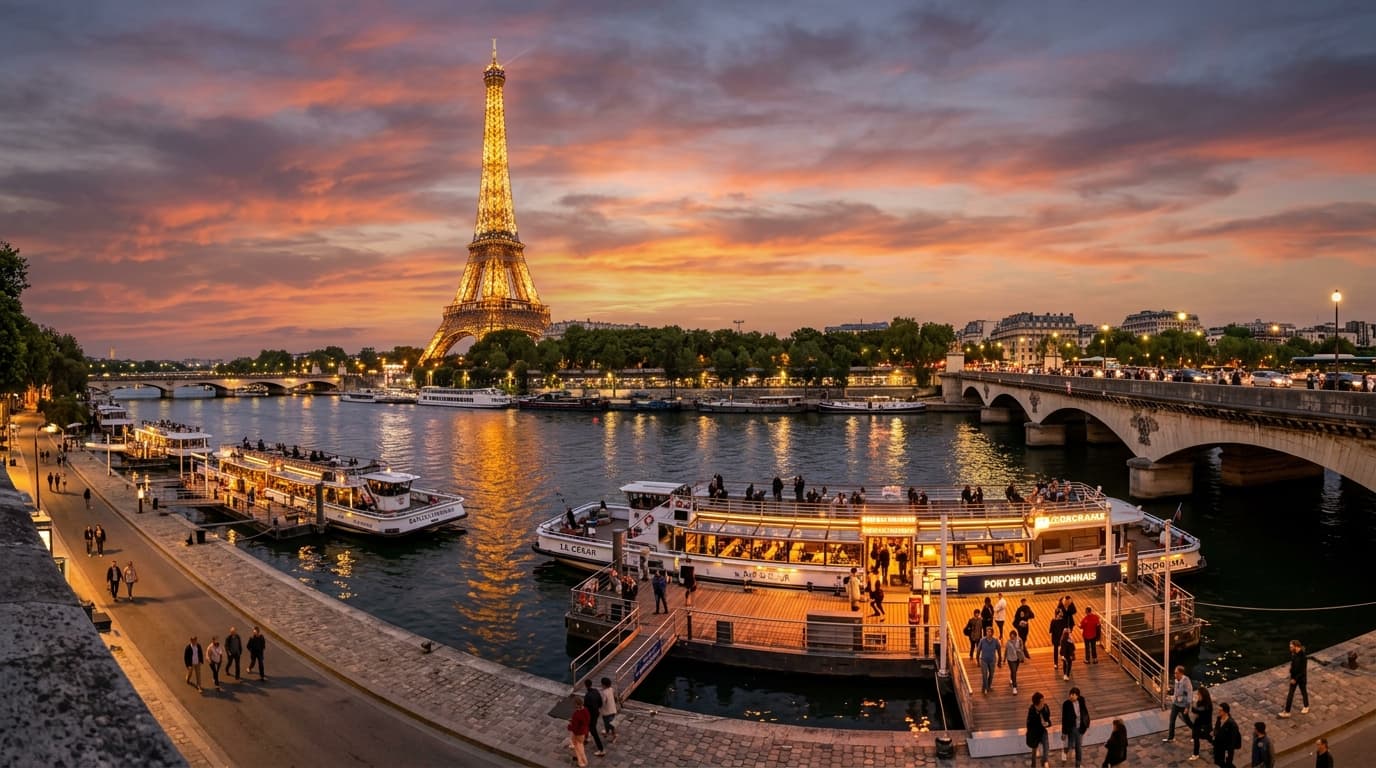 Seine River cruise boats docked at Port de la Bourdonnais beneath the illuminated Eiffel Tower at golden sunset in Paris